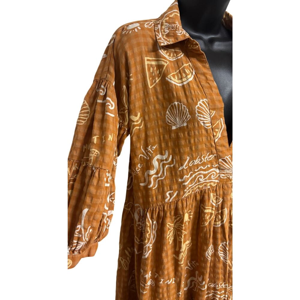 Anthropologie Dress Small Brown Lobster Martini Tier Midi V Shift 3/4 Boho EUC - Picture 3 of 11